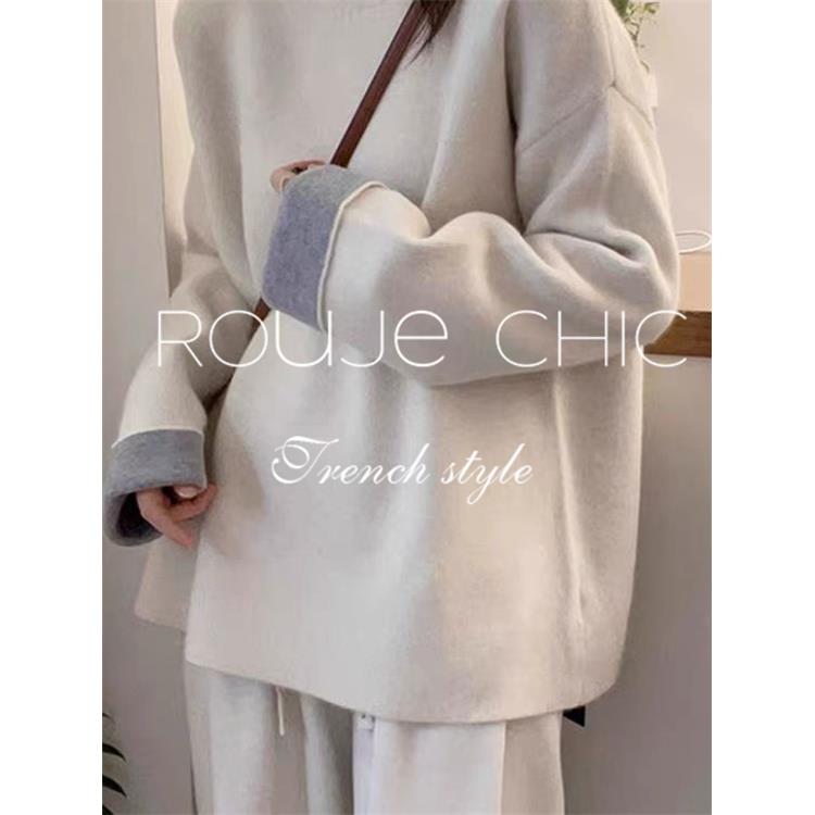 法国rouje chic冬季法式米色羊绒慵懒感打底针织衫套头百搭毛衣女