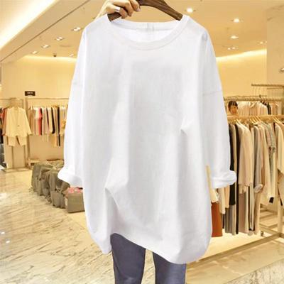 韩国设计感纯棉白色t恤女纯色中长款宽松春秋打底衫内搭长袖上衣
