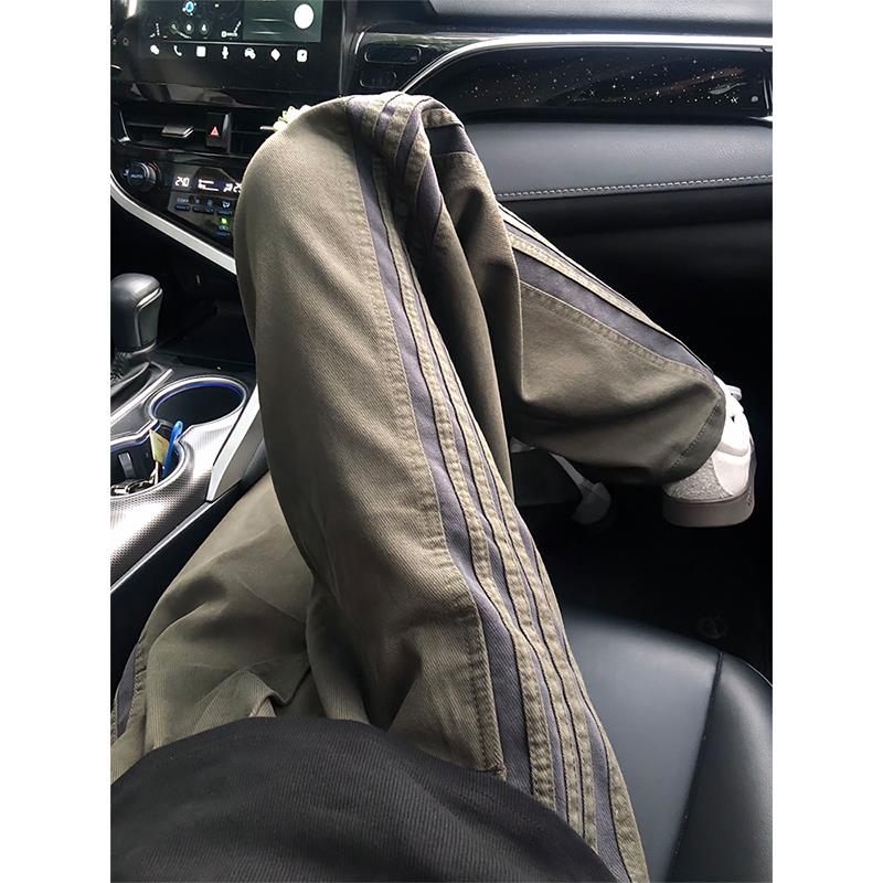 美式高级感条纹裤子男款秋春季潮牌直筒工装裤垂感宽松运动休闲裤