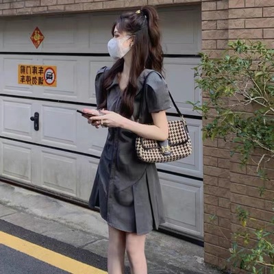 欧洲站夏季新款法式复古高级感a字裙收腰小个子灰色衬衫连衣裙女