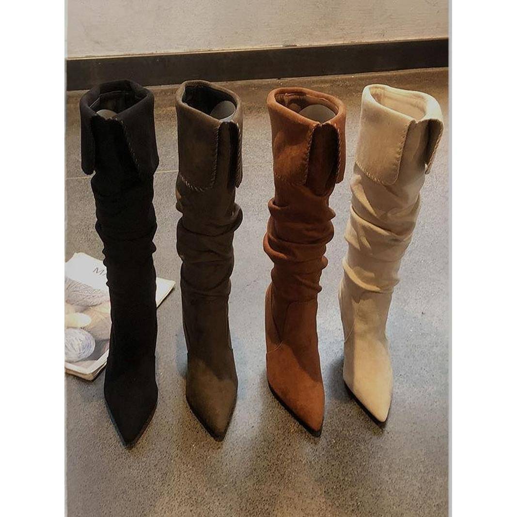 潮牌覆古绒面褶皱翻领高跟长靴2025冬新款尖头细跟套筒显瘦堆堆靴