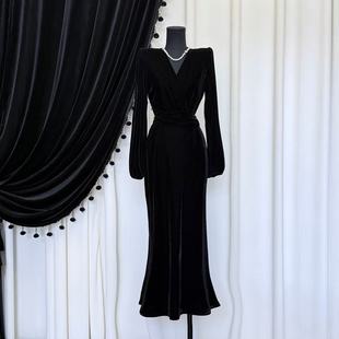 新款 收腰显瘦气质过膝长款 欧式 纯色长袖 连衣裙 法式 2025秋季