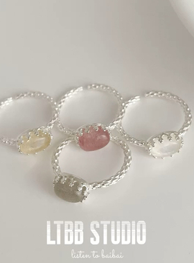 LTBB 韩国INS博主款S925银几何椭圆水晶矿石奶huhu简约气质开口戒