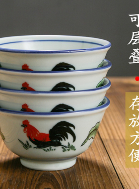 仿古怀旧陶瓷公鸡盘碗高脚厚边鸡公碗斗碗家用公鸡碗老式饭碗餐具