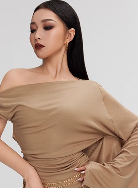 V舞服VL2505斜肩飘袖设计感上衣拉丁舞练功服上衣