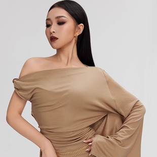 V舞服VL2505斜肩飘袖 设计感上衣拉丁舞练功服上衣