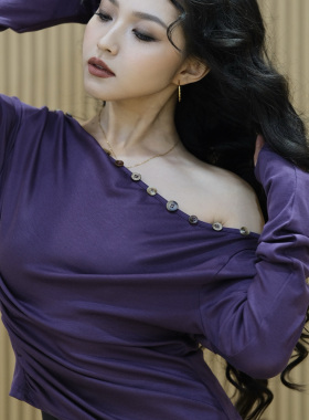 VA舞服VL2501斜领多扣上衣拉丁摩登练习服休闲风设计感打底衫