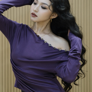 VA舞服VL2501斜领多扣上衣拉丁摩登练习服休闲风设计感打底衫