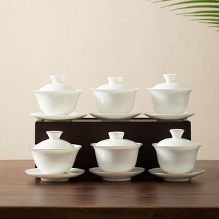 陶瓷茶具羊脂玉瓷三才盖碗茶杯茶盏金边茶碗家用盖碗加印LOGO