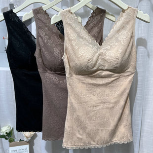 秋冬1402热拉姆加厚保暖背心束身美体收腰蕾丝性感带胸垫可拆卸