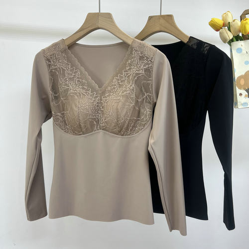 2025秋冬新款蕾丝V领保暖背心女长袖带胸垫免穿文胸收腹打底上衣
