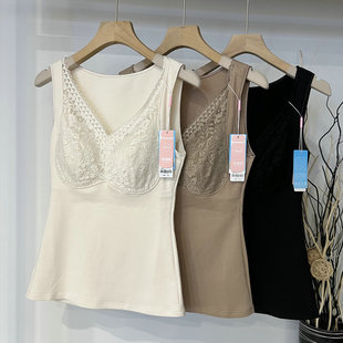 内衣 显瘦舒适无袖 2025梓颜新款 女蕾丝V领保暖背心带胸垫聚拢修身
