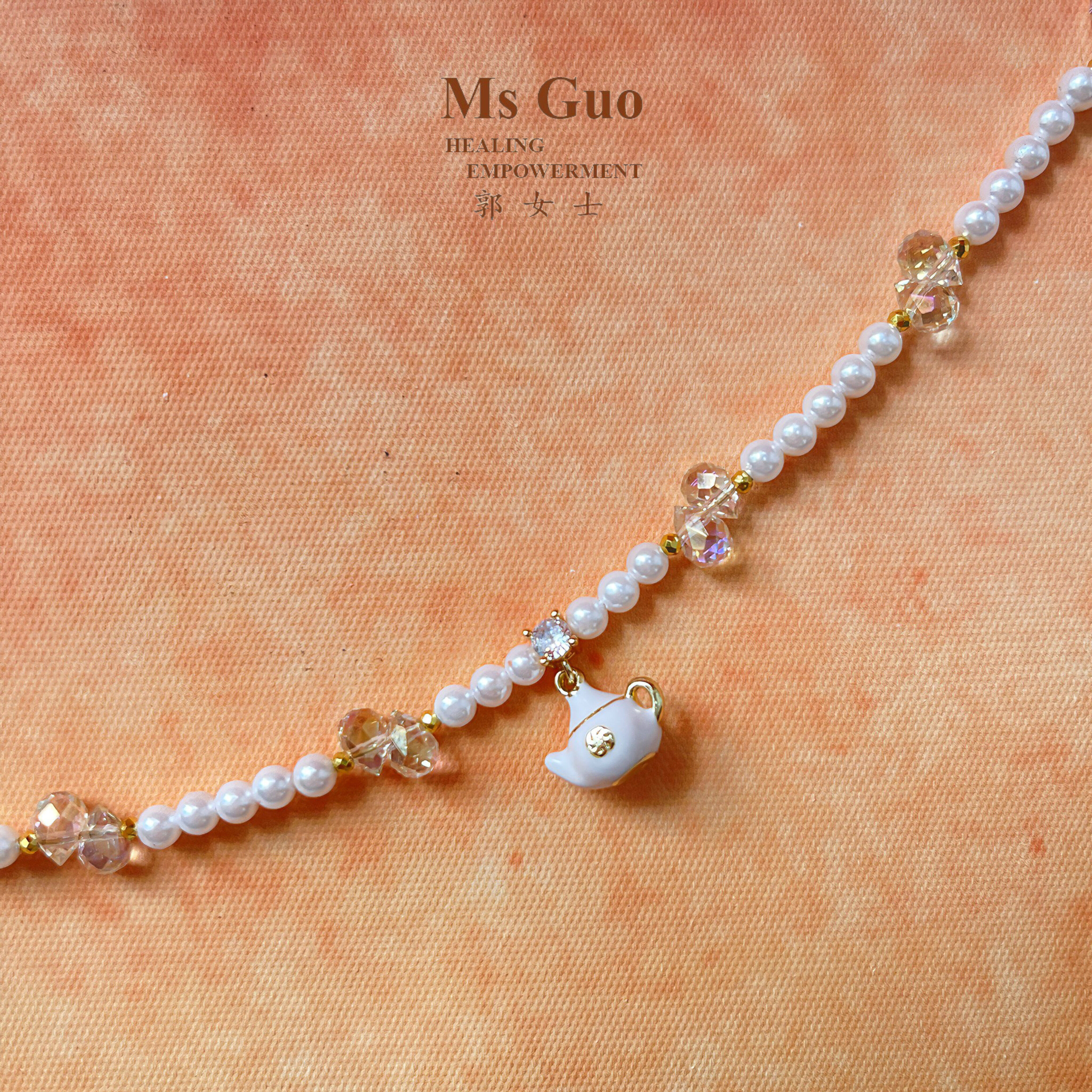 Ms Guo手工白茶壶疗愈项链贝壳珠水晶滴油珐琅日常/居家佩戴