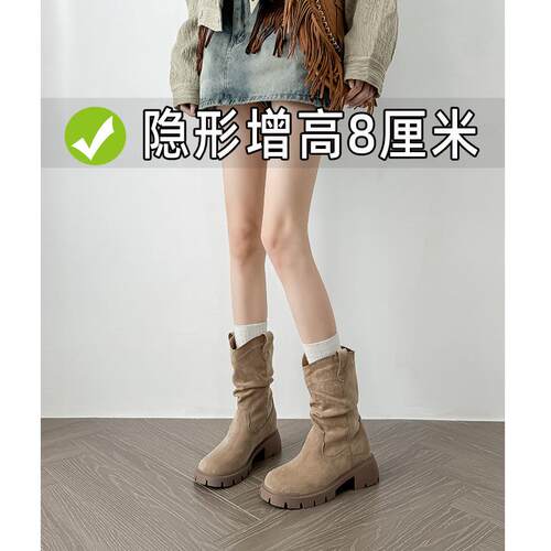 小个子内增高短筒靴女春秋季小码女鞋3233骑士靴子西部堆堆靴3334