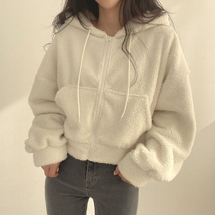 羊羔毛白色连帽卫衣女秋冬加绒加厚oversize宽松开衫短款外套上衣