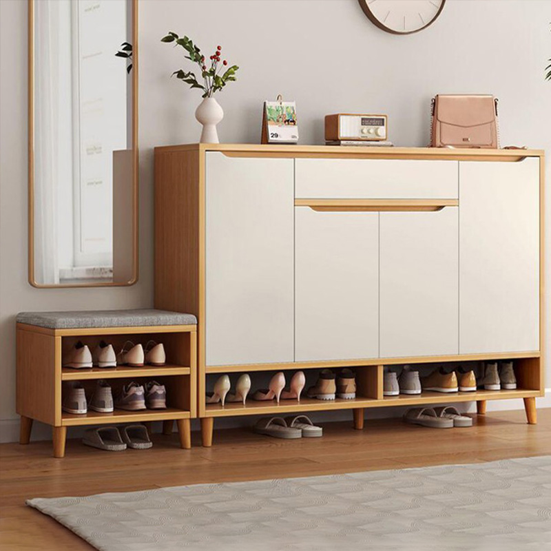 速发鞋柜家用门口带换鞋凳一体靠墙可坐式实架鞋衣木衣帽架玄关柜