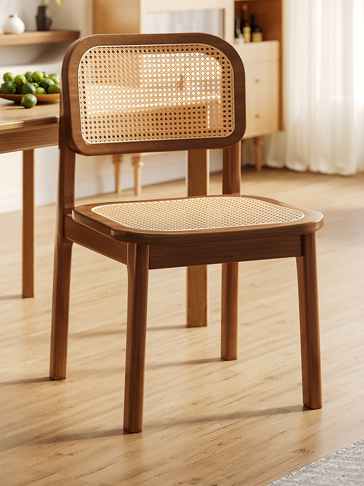 中古藤编餐椅家用椅子靠背椅设计师胡桃色轻奢高级感餐厅实木凳子
