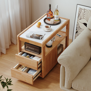 实木岩板沙发边柜轻奢高级感侧边几带轮子可移动茶几置物架床头柜