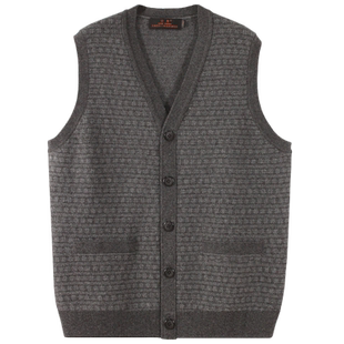 雪舟男式牦牛绒开衫马甲v领中老排扣修身针织秋冬厚款爸爸装披肩