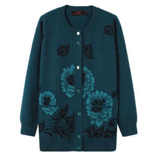 雪舟女式开衫圆领妈妈装100%绵羊毛针织秋冬季中长款休闲花型毛衣