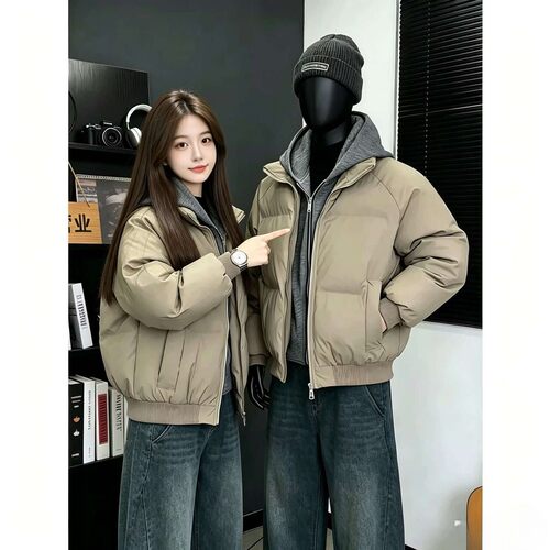千仞岗美式假两件连帽pu皮羽绒服男冬季加厚短款廓形棉服外套情侣