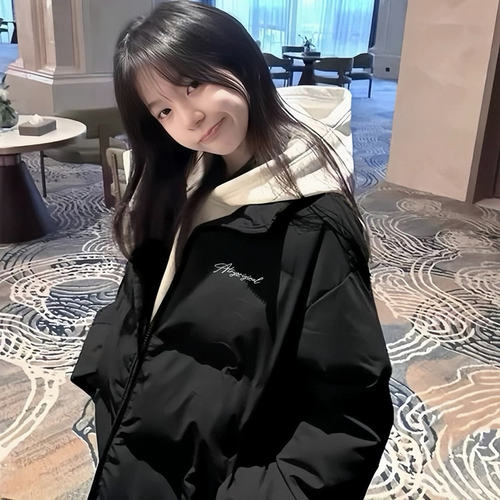 千仞岗美式黑色立领中长款羽绒棉服女大童冬季加厚初中高中学生宽