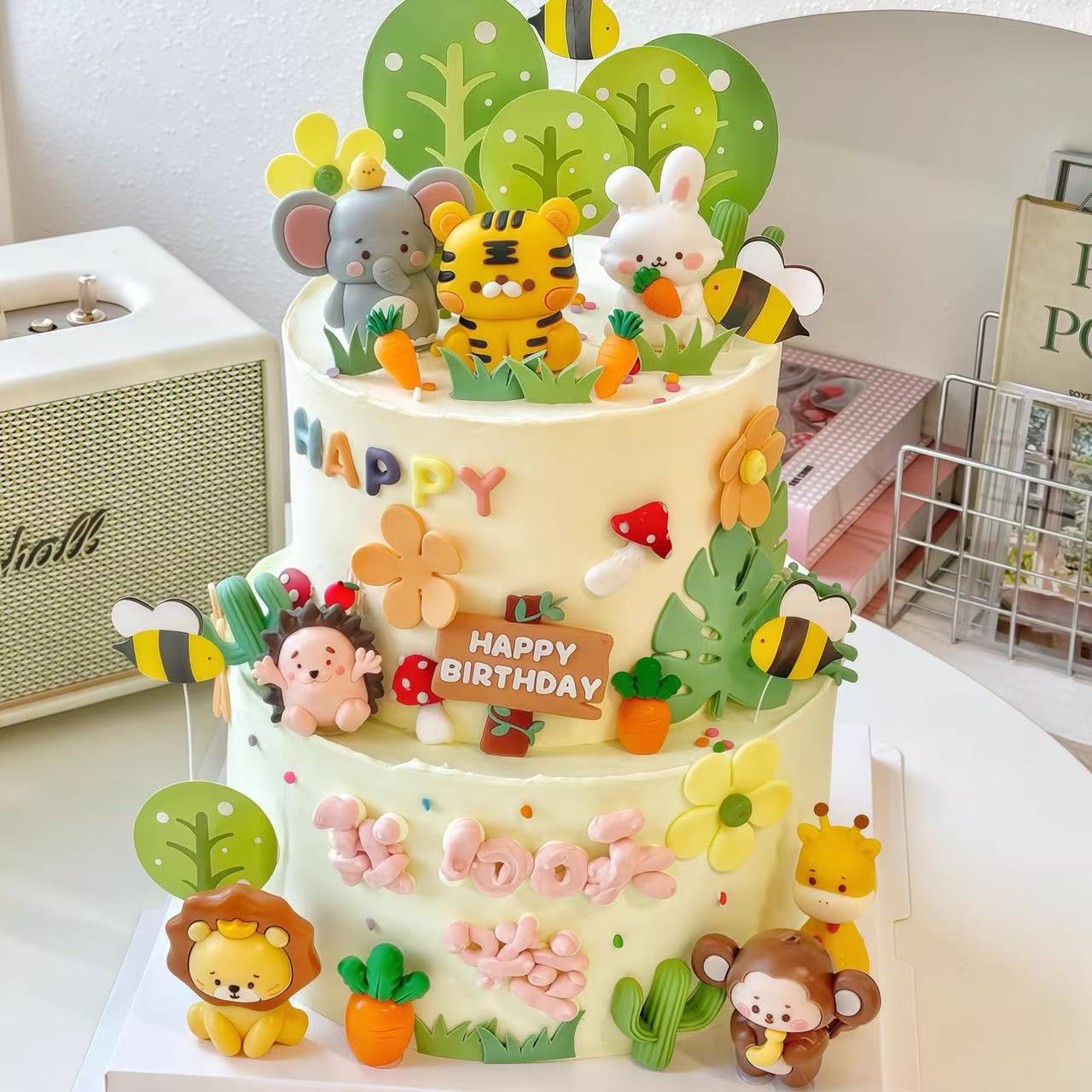 动物园卡通狮子老虎刺猬猴子蛋糕装饰摆件儿童生日甜品装扮插件