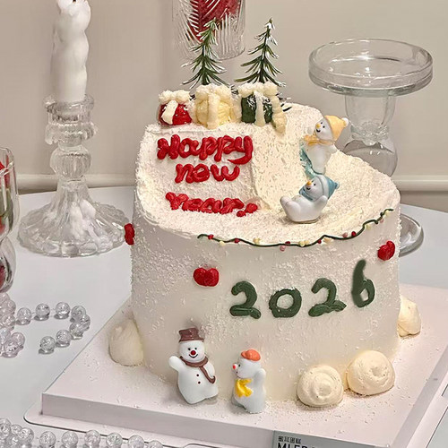 2026新年快乐滑雪场景蛋糕装饰可爱迷你滑滑梯挥手雪人装扮摆件
