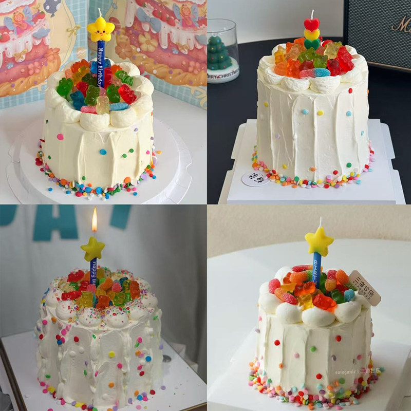 六一儿童节星星火苗蜡烛奶油蛋糕装饰七彩小熊软糖小朋友生日装扮