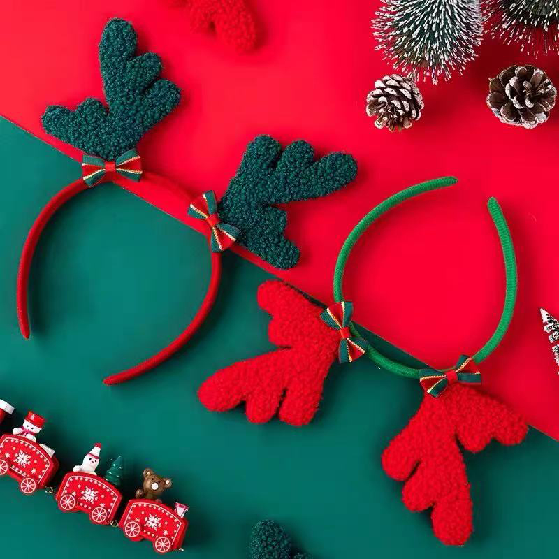 2025圣诞节麋鹿蝴蝶结红绿鹿角发箍头饰生日派对节日装扮场景道具