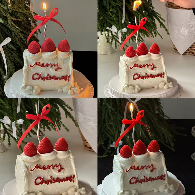2025圣诞节快乐草莓奶油蛋糕装饰DIY蝴蝶结丝带曲线蜡烛装扮插件