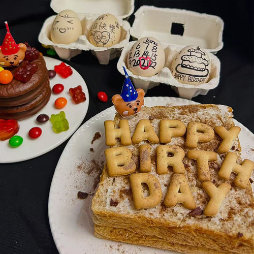 夹心土司面包启蒙字母小饼干蛋糕装饰DIY卡通仪式感小熊蜡烛装扮