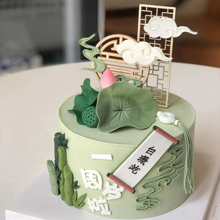 新中式 飾屏風(fēng)擺件古風(fēng)荷花荷葉祥云如意竹清新烘焙插件 網(wǎng)紅蛋糕裝