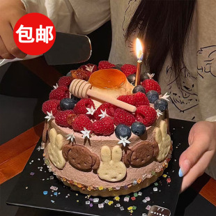 秋季治愈系蜂蜜巧克力布丁塔蛋糕装饰蜂蜜搅拌棍熊兔饼干装扮配件