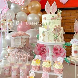 可爱粉兔子主题蛋糕摆件宝宝周岁百天满月推推乐布丁杯甜品台插件