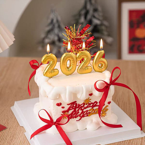 2026胖嘟嘟金色数字蜡烛蛋糕装饰再见2025亚克力红金雨丝装扮插件