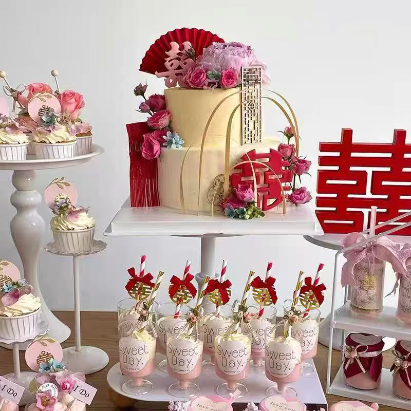 粉色系婚礼订婚甜品台蛋糕装饰结婚木质屏风推推乐烘焙装扮插件