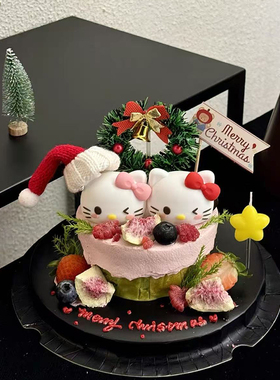 2025网红圣诞节可爱蝴蝶结KT猫斯巴克蛋糕装饰摆件圣诞毛球帽装扮