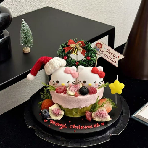 2025网红圣诞节可爱蝴蝶结KT猫斯巴克蛋糕装饰摆件圣诞毛球帽装扮