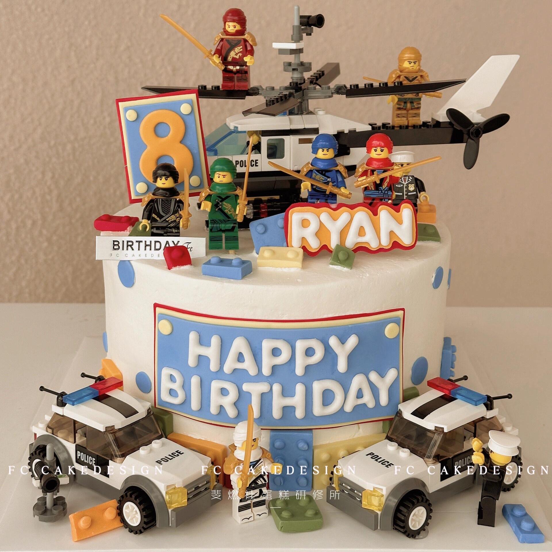 积木直升飞机蛋糕装饰摆件巡逻警车警察乐高人偶忍者烘焙装扮插件