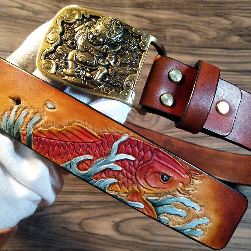 纯手工招财鲤鱼男女真牛皮腰带