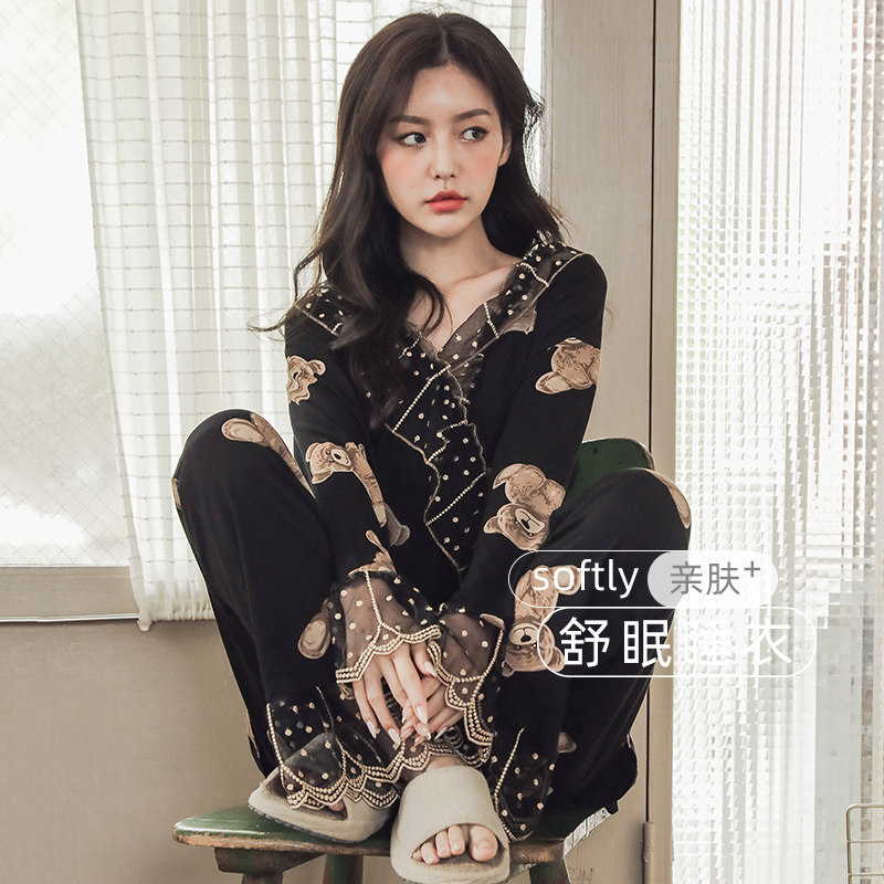 族玛士睡衣春秋女款高级感薄款小熊情侣男士夏季莫代尔家居服套装