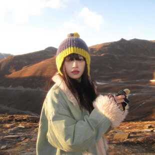 西北旅游拍照针织毛线帽子女秋冬护耳保暖辫子包头帽大头围显脸小