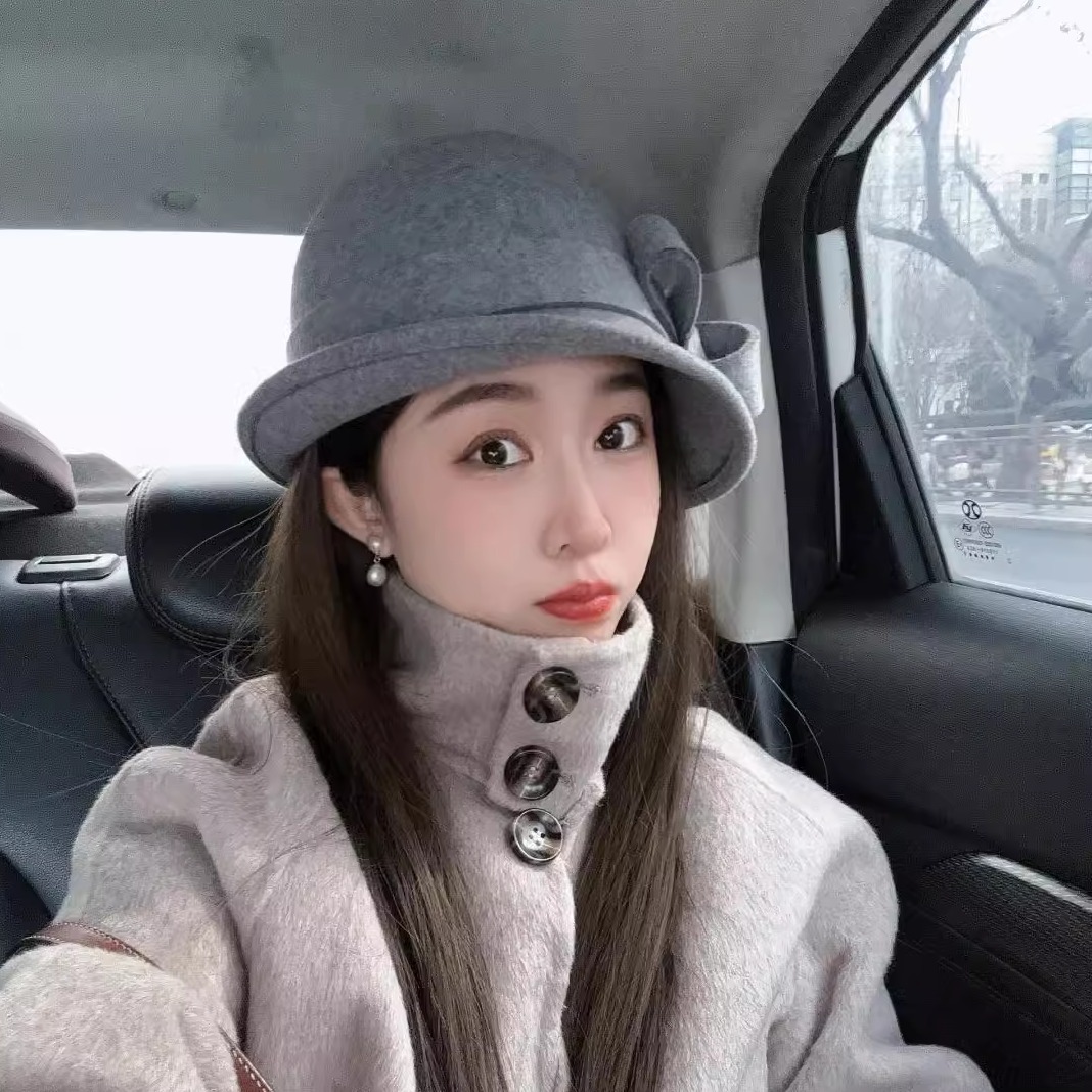 灰色羊毛呢渔夫帽女秋冬新款法式复古蝴蝶结盆帽赫本风礼帽