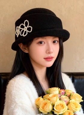 日系珍珠花朵千金帽黑色女冬季保暖优雅礼帽显脸小法式复古盆帽子