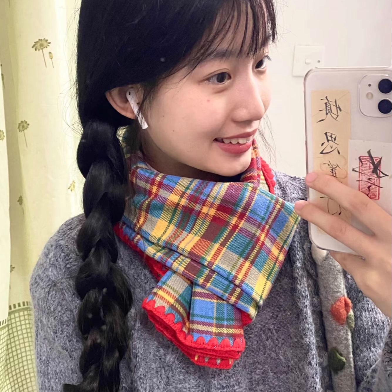 日系复古锁边红色格子围巾女冬季古着氛围感保暖加厚防寒护颈围脖