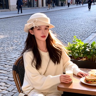 留洋归国千金卷边渔夫帽女复古日系羊毛蝴蝶机礼帽名媛风气质贵族