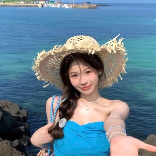 毛边大帽檐镂空草编帽女夏海边拍照氛围感度假遮阳防晒帽沙滩帽子