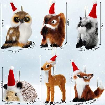 皮毛仿真狐狸毛绒玩具圣诞树装饰动物模型圣诞帽鹿刺猬猫头鹰挂件