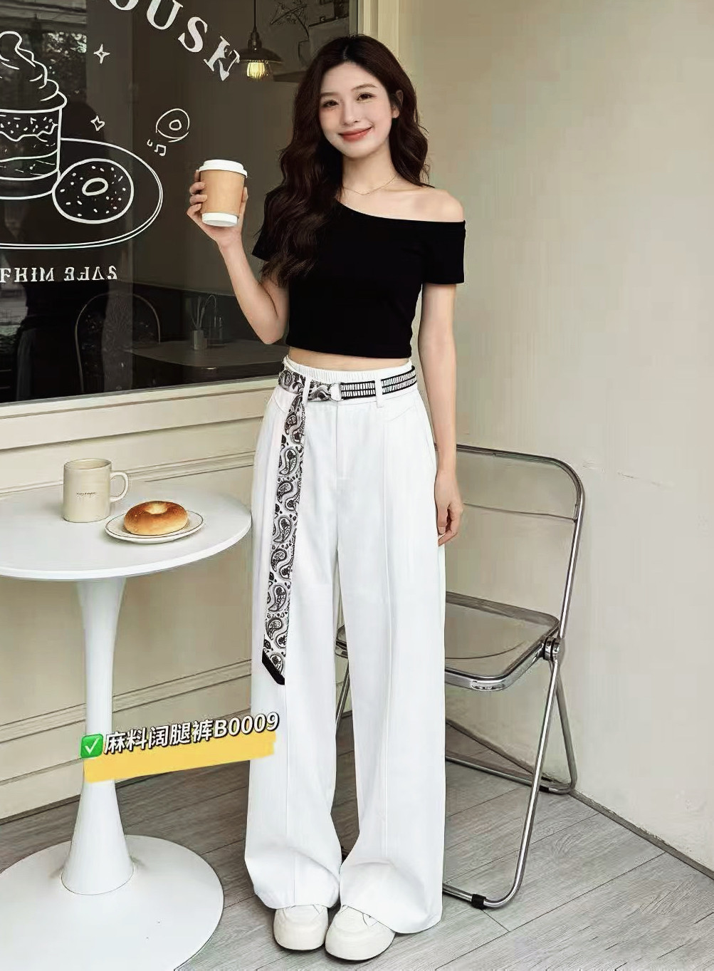 麻料B0009极简风系带高腰直筒阔腿裤女宽松显瘦舒适休闲裤2026春